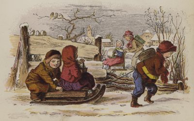 Kinder spielen mit einem Schlitten im Schnee von Oskar Pletsch